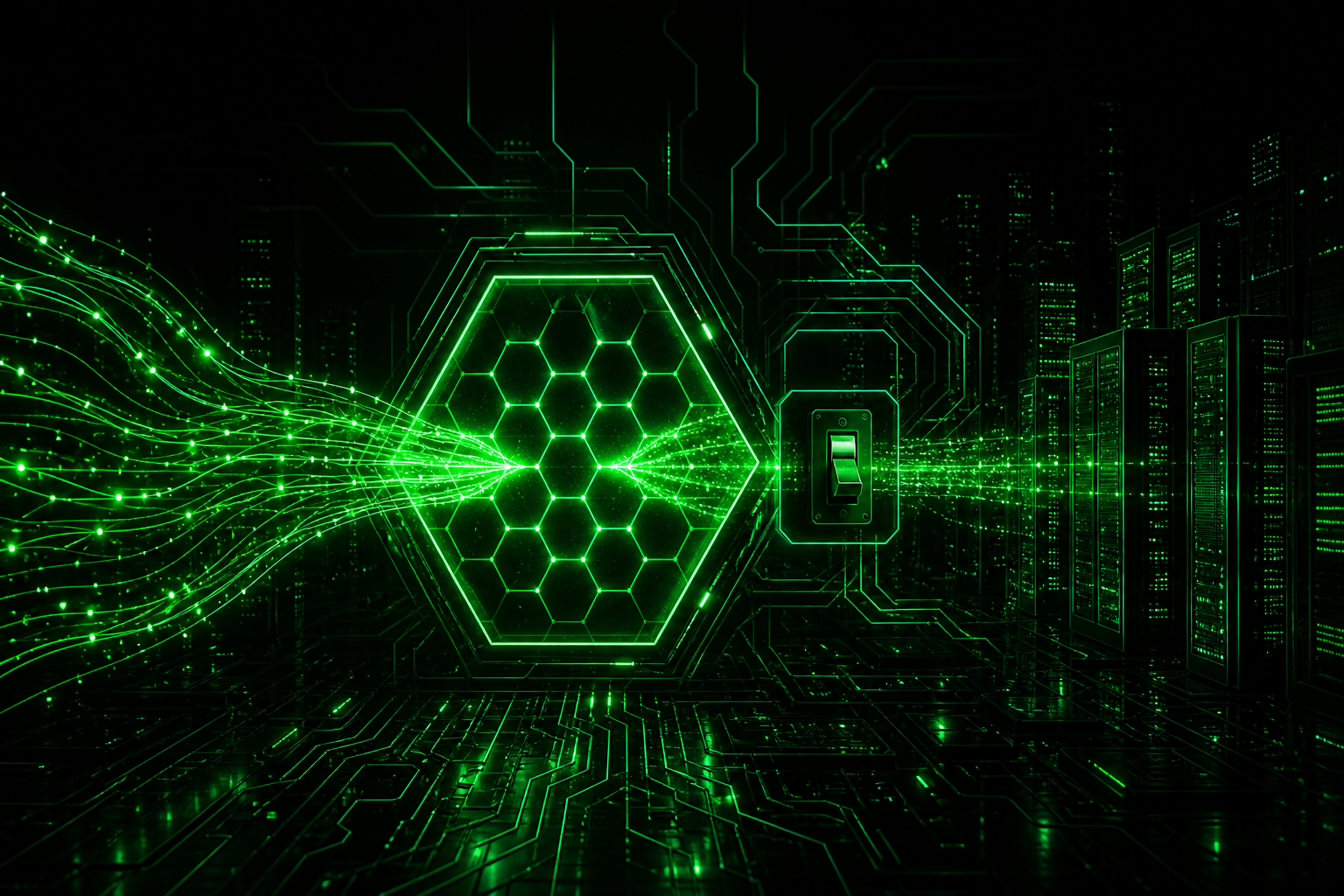 لوحة غلاف AI Systems — بوابة سداسية فسفورية ومفتاح حتمي