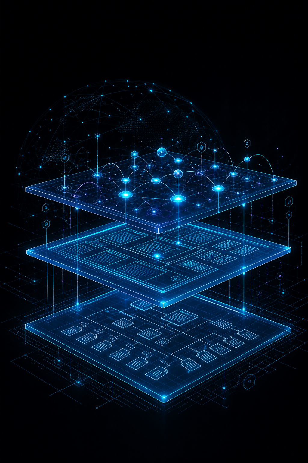 لوحة غلاف Full-Stack Blueprint — ثلاث طبقات ويب متوهّجة